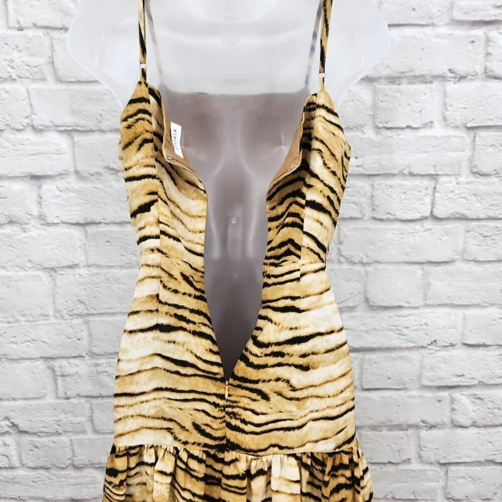 Storia Tiger Print Spaghetti Strap Drop Waist Lined Vacation Mini Dress S